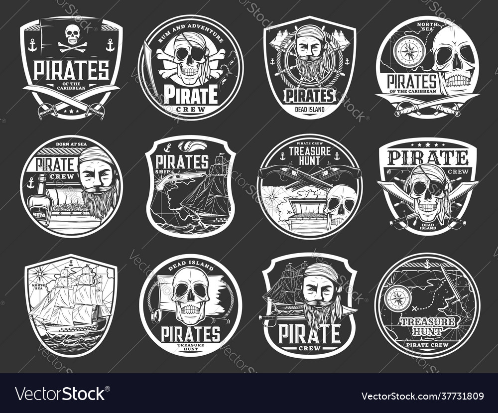 Pirate badges merry roger skull treasure island Vector Image