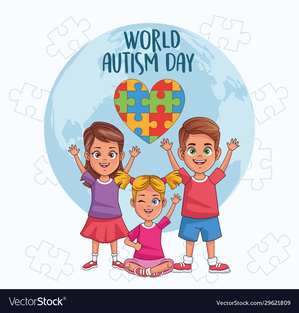 World autism day kids with planet and heart Vector Image