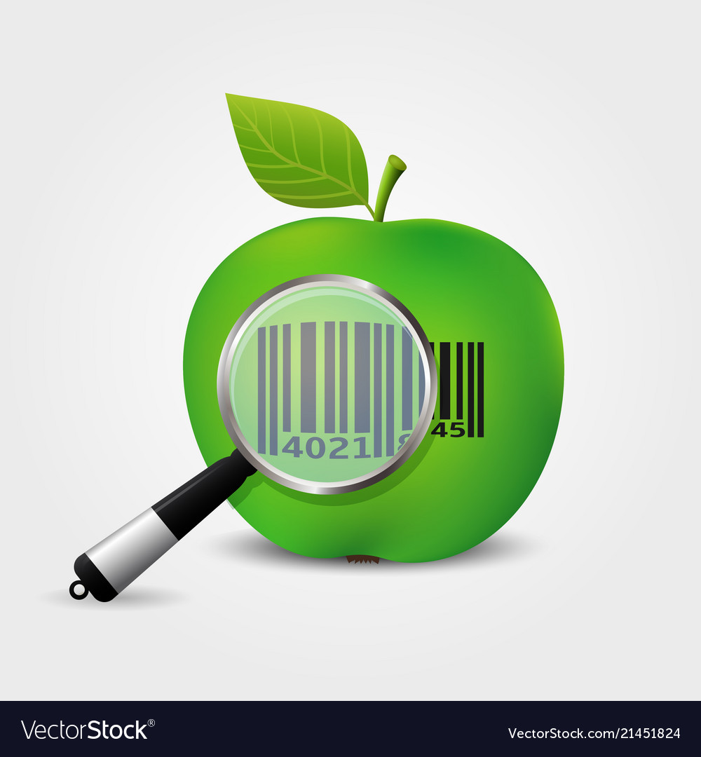 Checking bar-code on green apple Royalty Free Vector Image