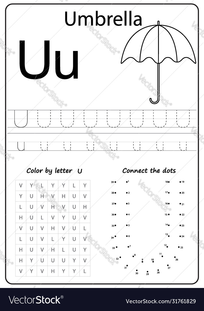 Letter U Alphabet Letter Worksheet Task For Kids Vector Image