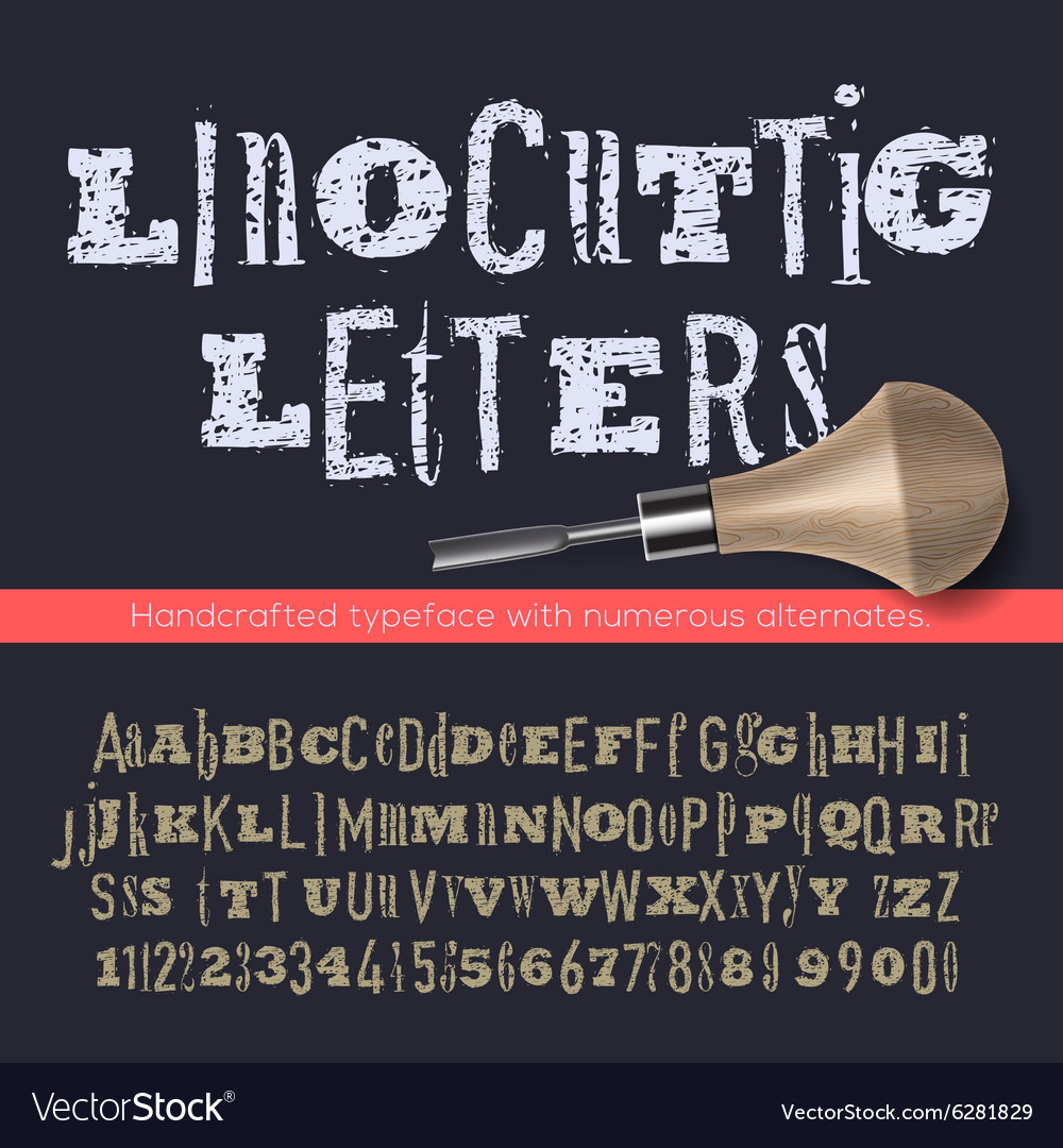 Linocut letters and numbers alphabet Royalty Free Vector