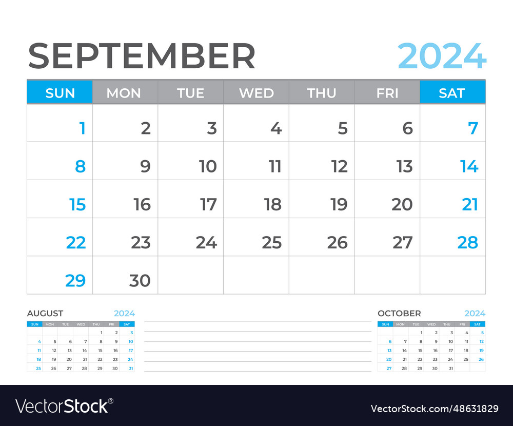 September 2024 page calendar template Royalty Free Vector