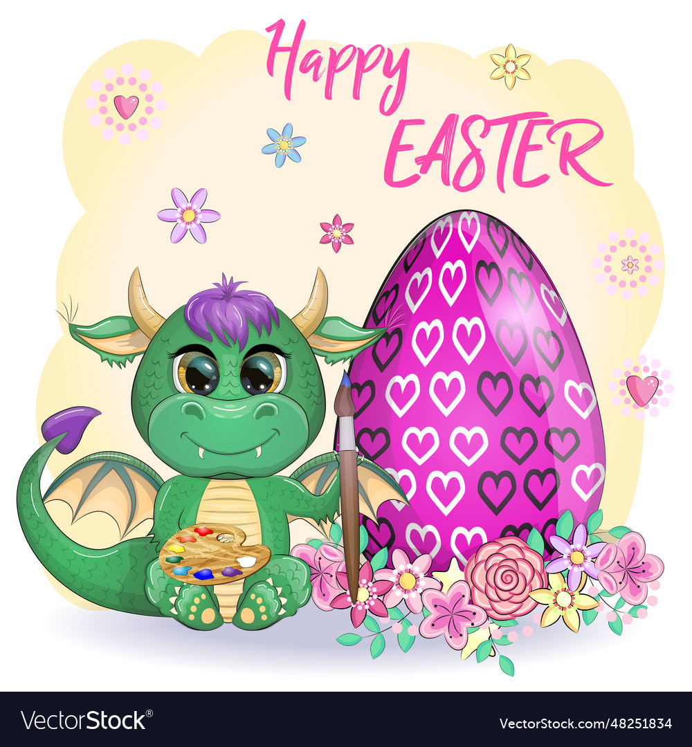 Cute cartoon green baby dragon with an easter egg Vector Image