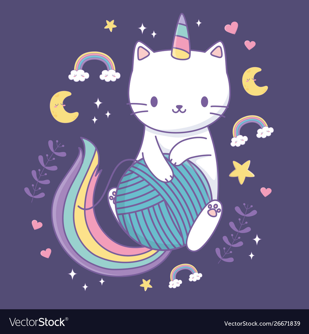 Cute cat with rainbow tail and wool ball kawaii Vector Image