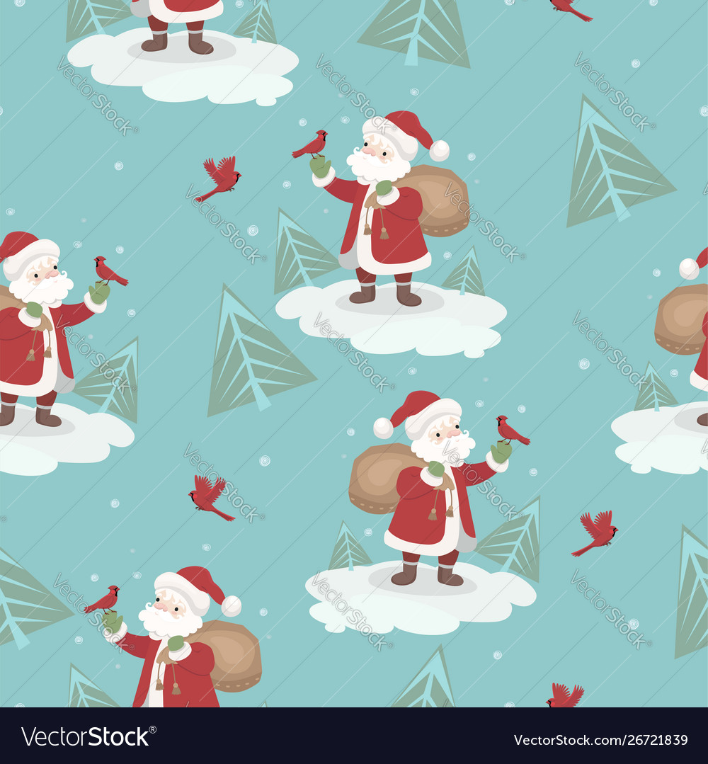 Seamless pattern with santa claus and birds vector image Seamless pattern with santa claus and birds