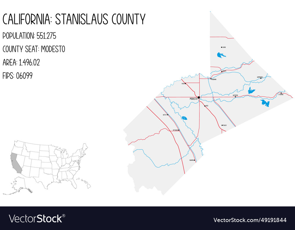 Map Of Stanislaus County In California Usa Vector Image