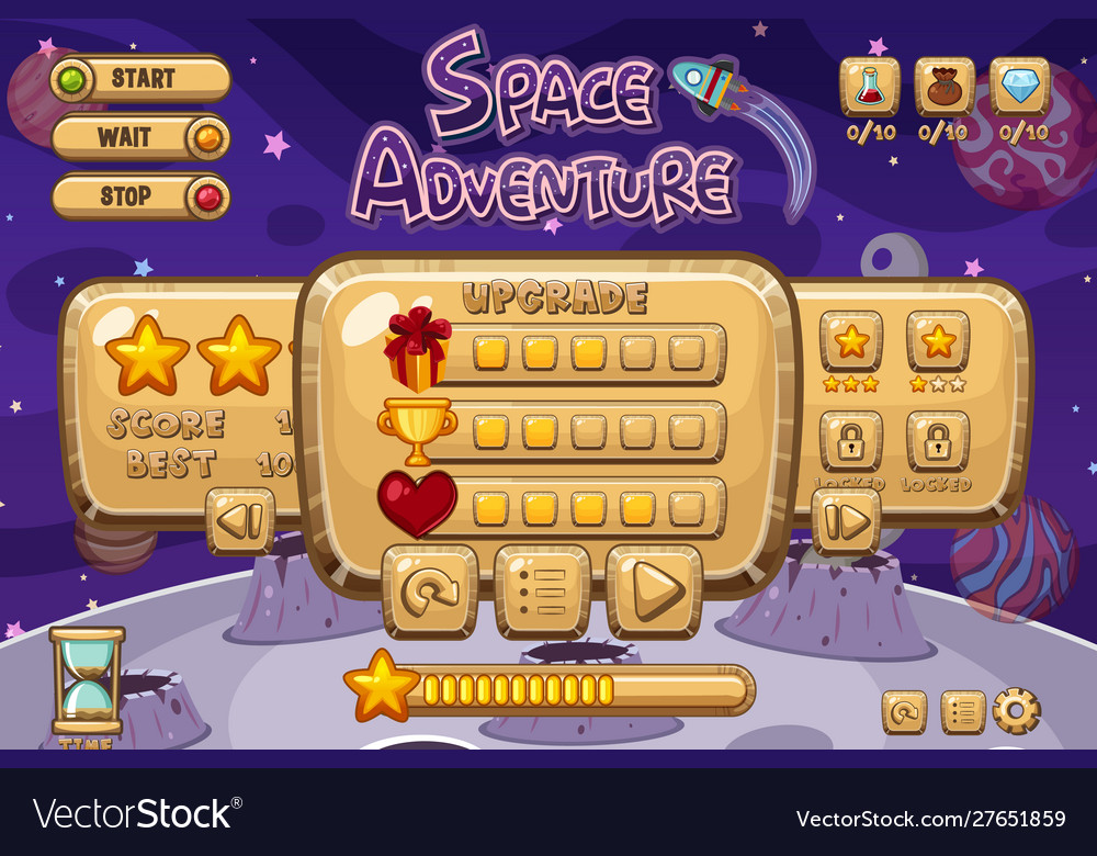 Space adventure game template with purple star Vector Image