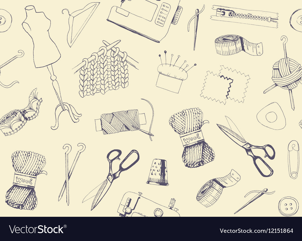 Pattern with sketches of sewing and knitting Vector Image