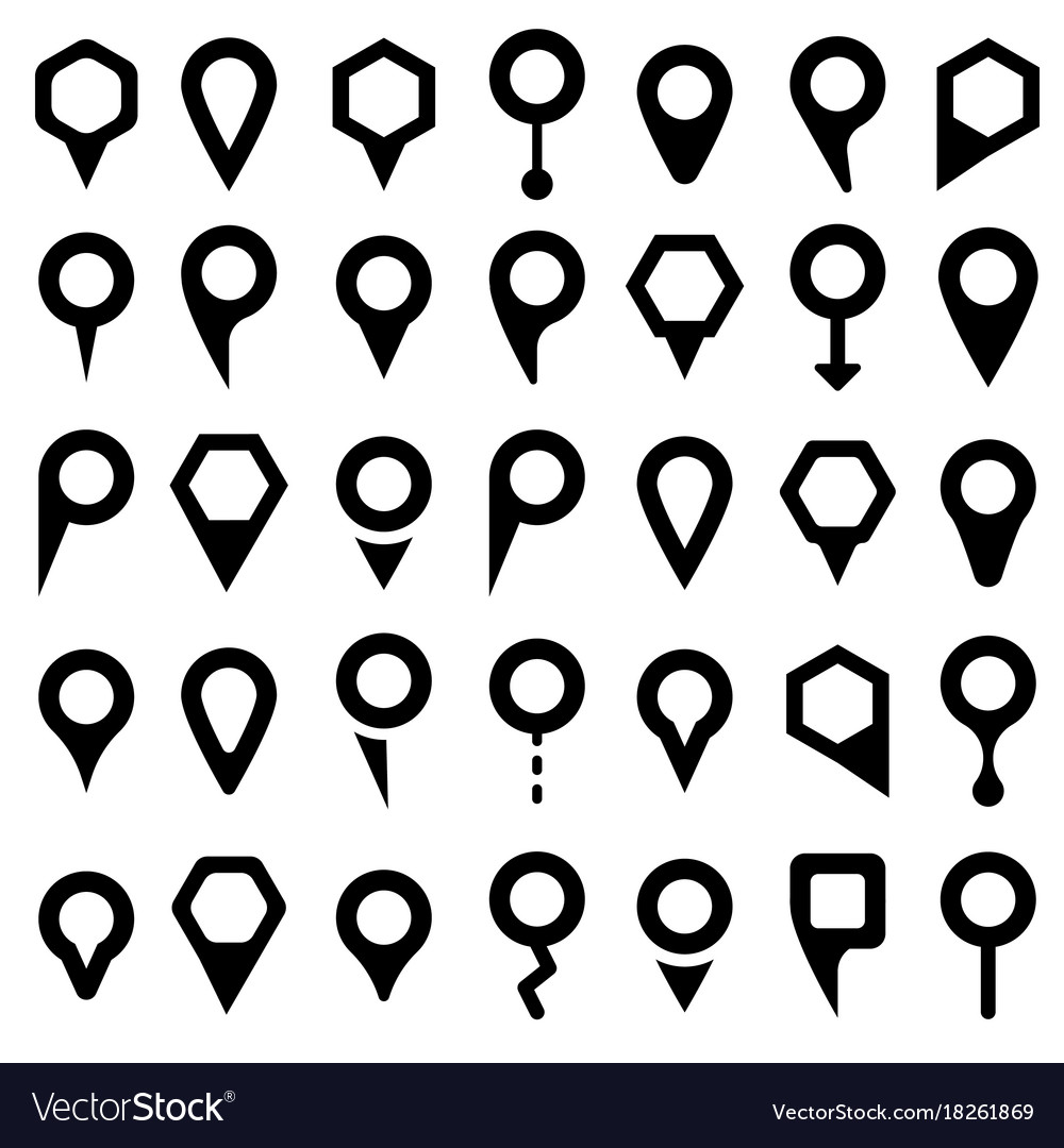 Black map pointer icons set on white background