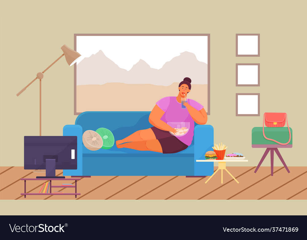 Overweight girl resting on sofa at home and has