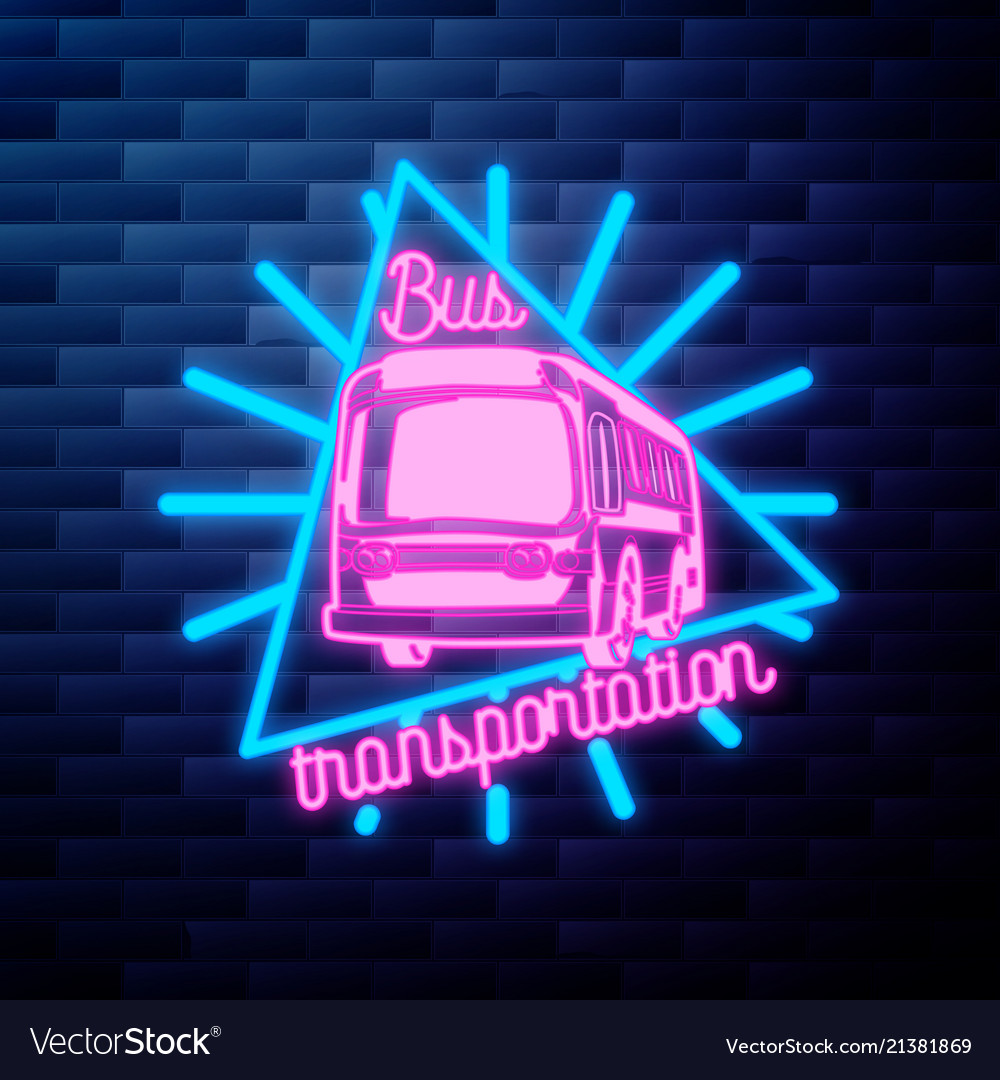 Vintage bus transportation emblem glowing neon