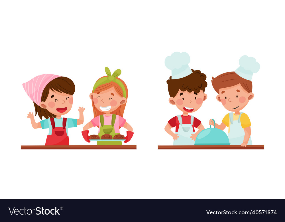 Cute kid chef characters set adorable funny Vector Image