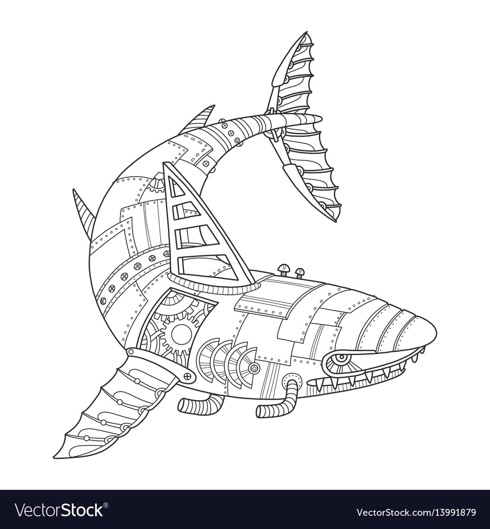 Steam Punk Style Shark Coloring Book Royalty Free Vector