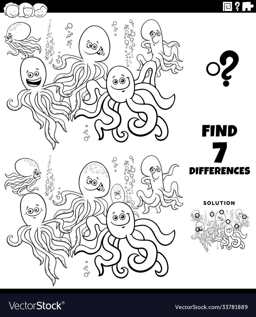 Differences educational game with octopus Vector Image