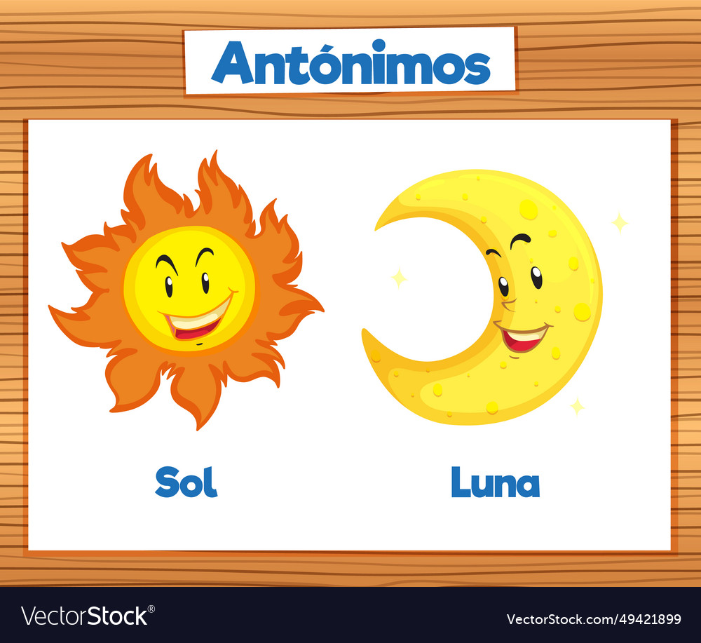 Antonym word card in spanish sol and luna means Vector Image