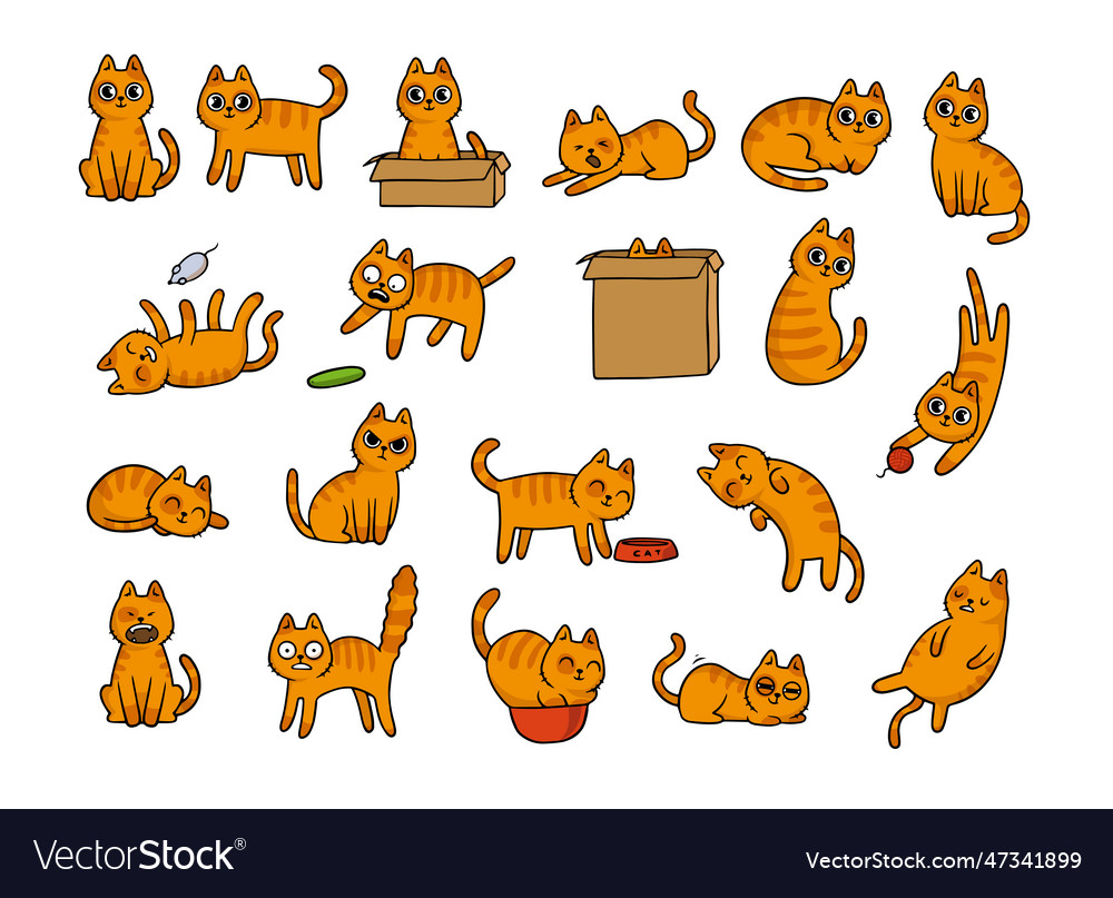 Cute orange cat cartoon character sticker set Vector Image