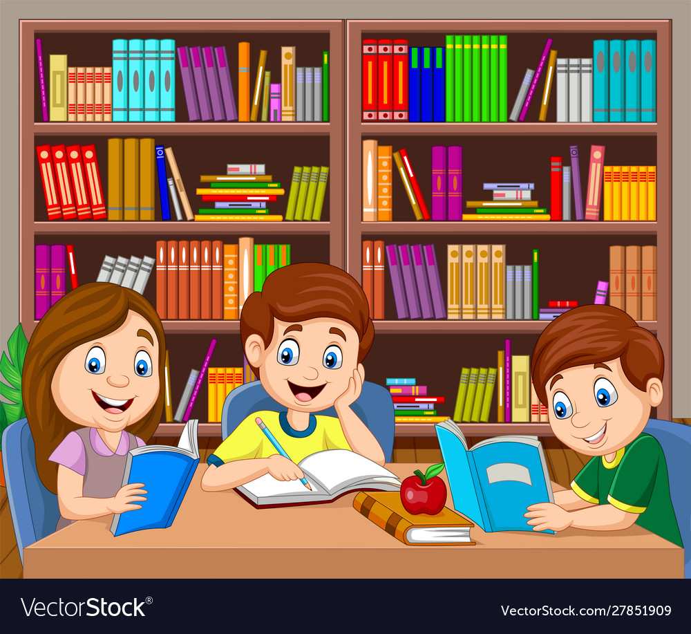 Download Cartoon kids studying in library Royalty Free Vector Image