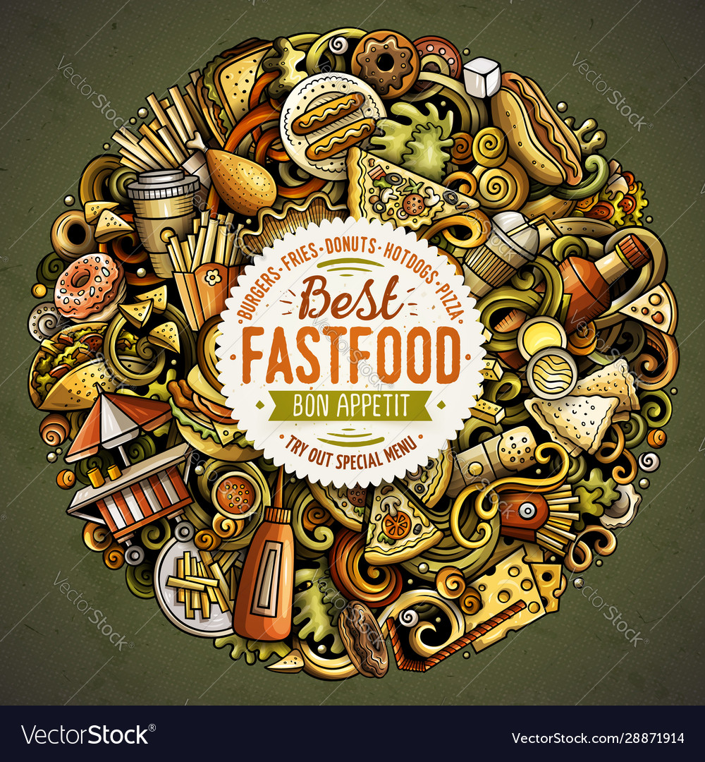 Fastfood hand drawn doodles round Royalty Free Vector Image