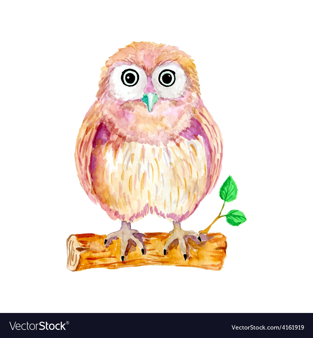 Download Watercolor cartoon owl sitting on the branch Vector Image