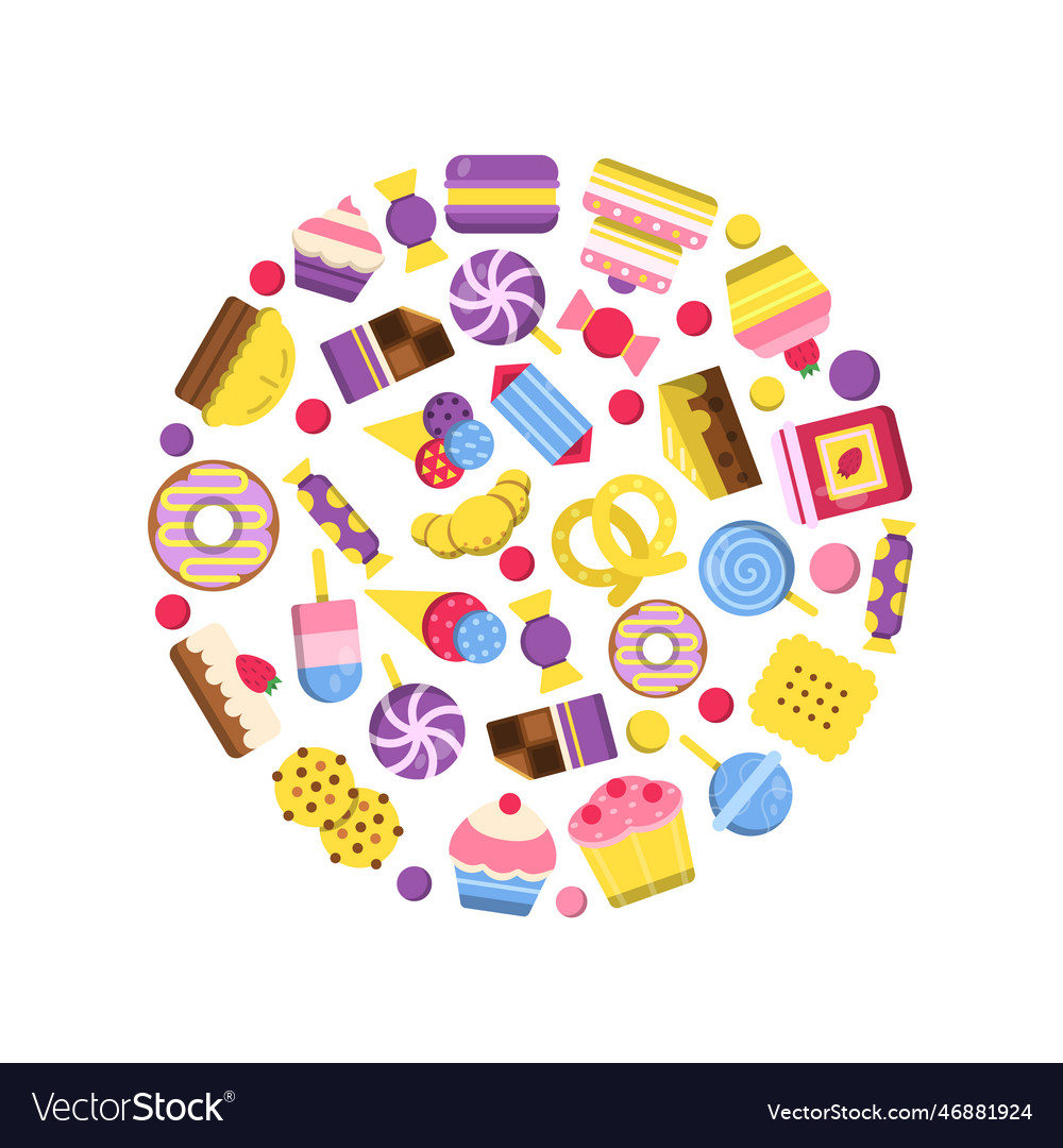 Sweets circle delicious food cakes lollipop Vector Image