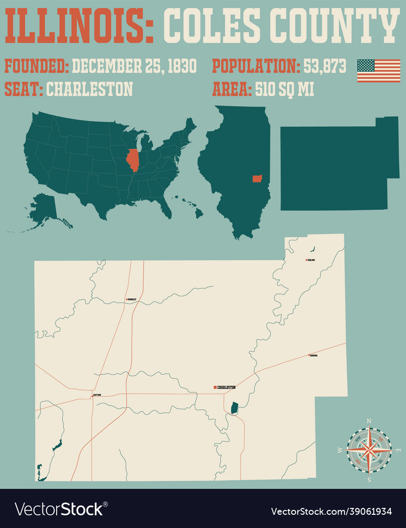 Map of coles county in illinois Royalty Free Vector Image