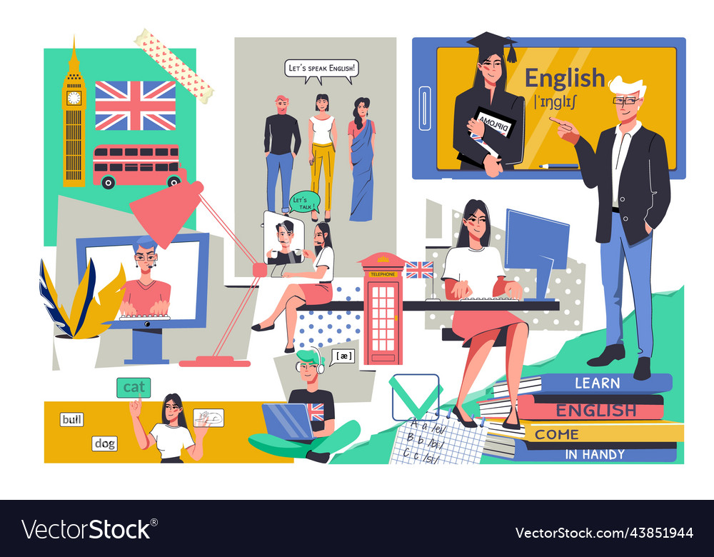 English learning flat collage Royalty Free Vector Image