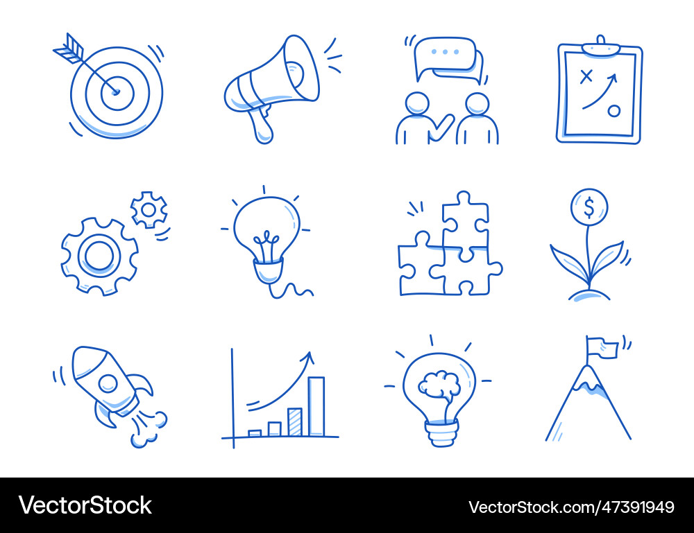 Business idea startup doodle line icon set hand Vector Image