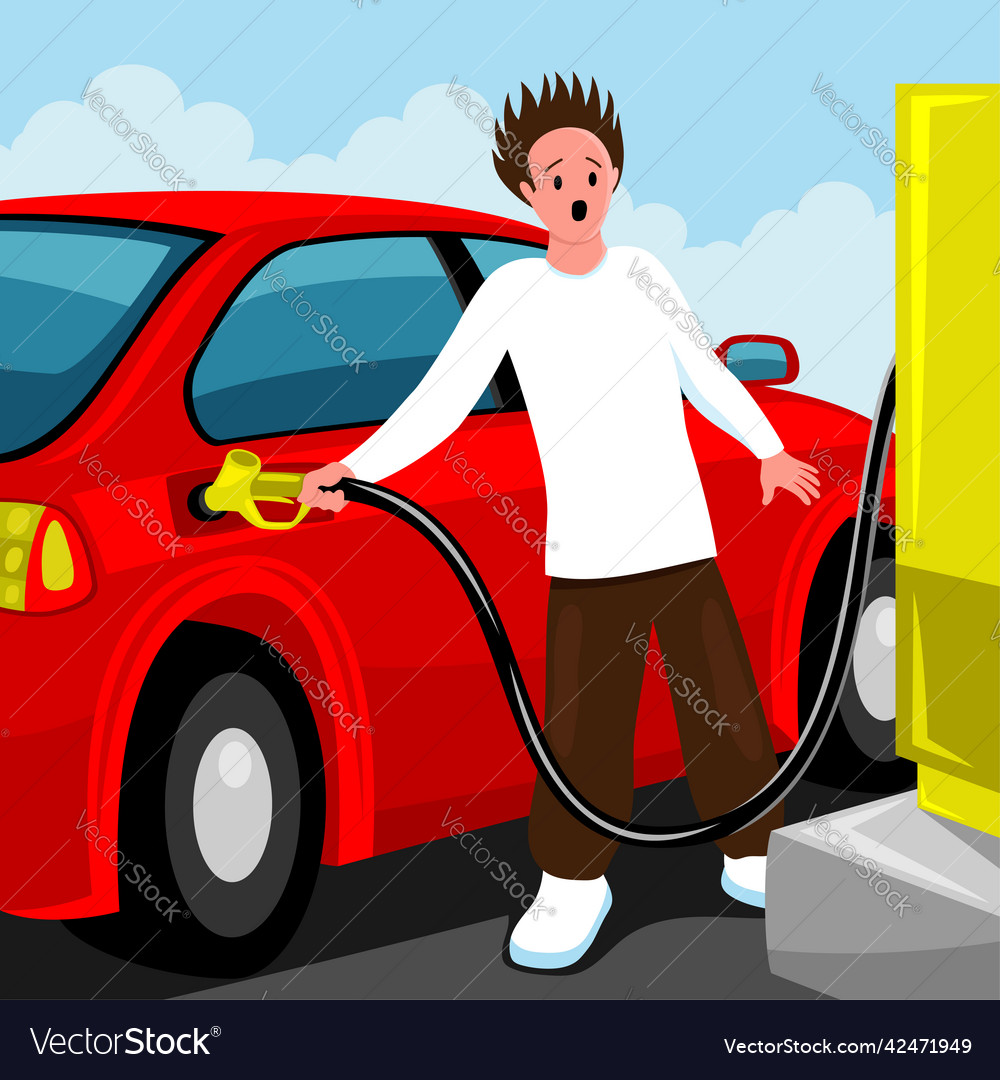 Frightened driver refuels the car Royalty Free Vector Image