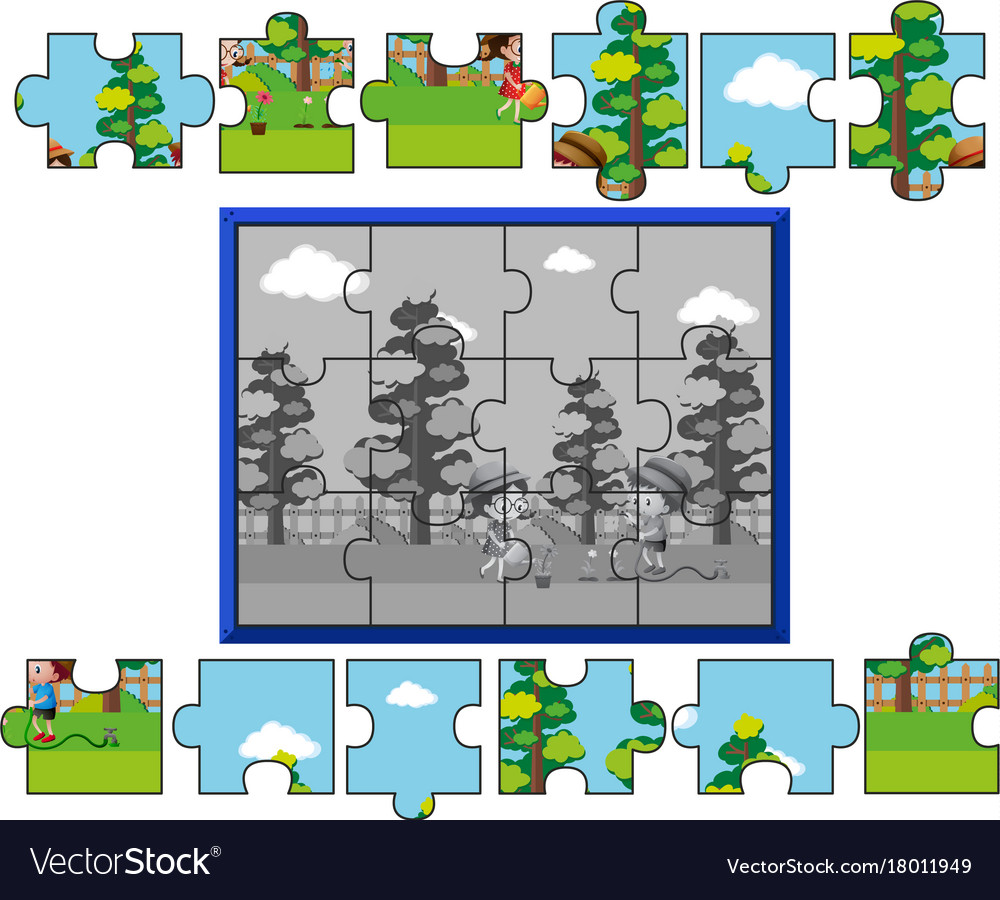 Jigsaw puzzle game with kids in park Royalty Free Vector