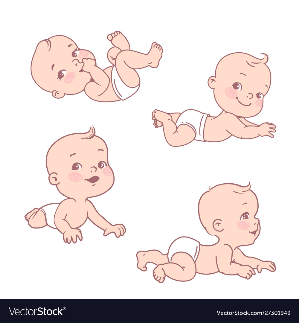 Set with smiling little baby boy or girl in diaper