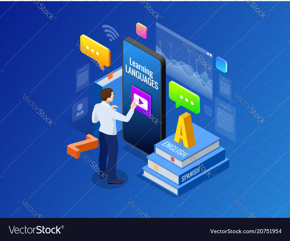 Isometric online language learning interface Vector Image