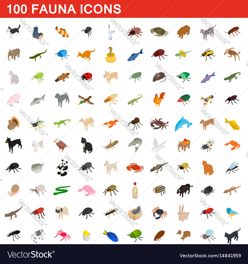 100 fauna icons set isometric 3d style Royalty Free Vector