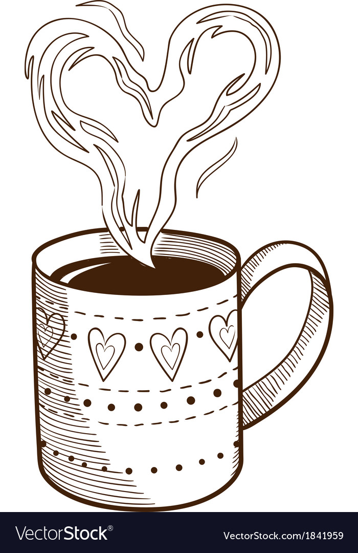 Coffee cup with heart steam, line art illustration over a