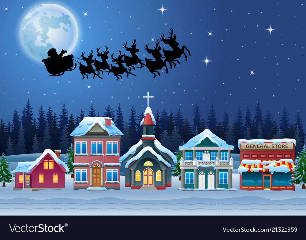 Santa Claus Riding His Reindeer Sleigh Flying Over | Santa In His