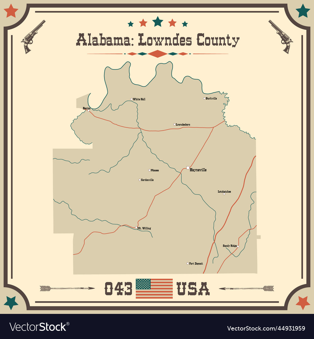 Vintage map of lowndes county in alabama usa Vector Image