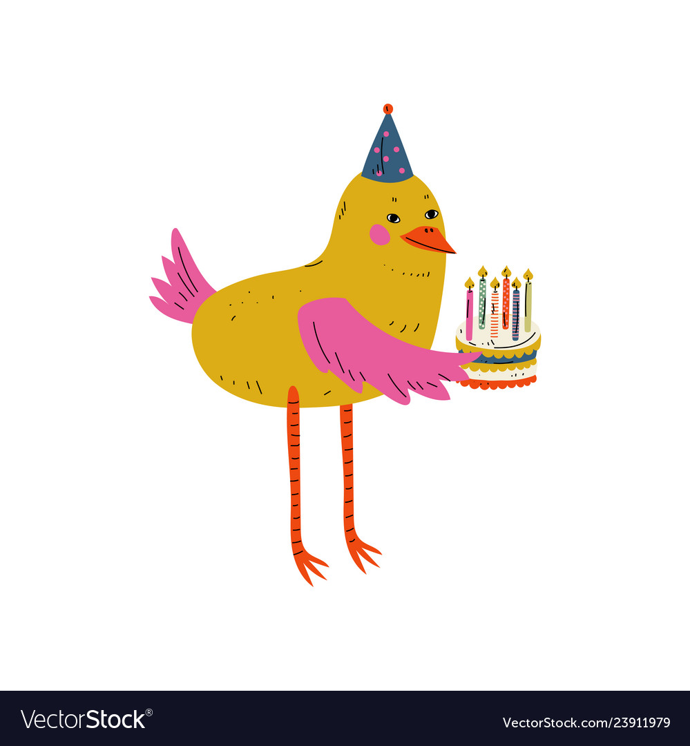 Cute bird character holding birthday cake with Vector Image