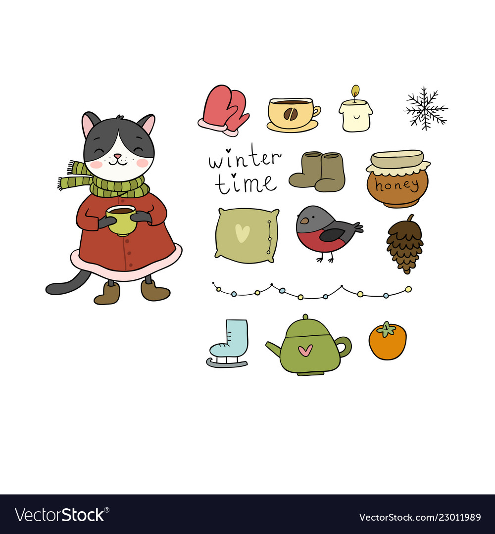 winter set cute cartoon kitty and cozy things for vector image