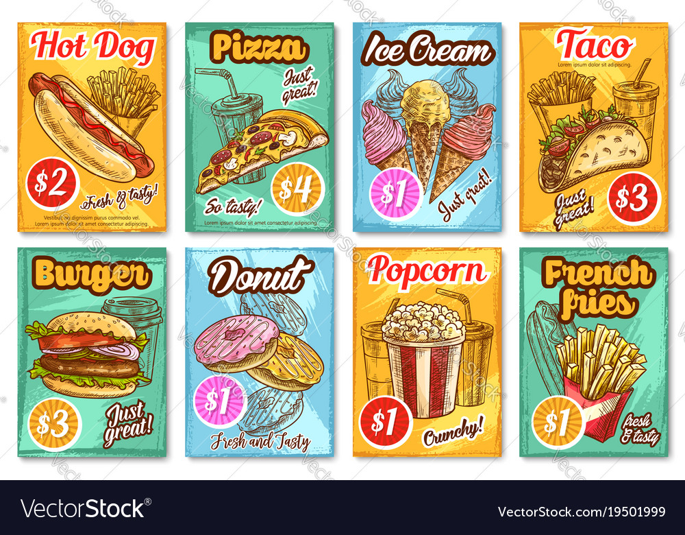 Fast food restaurant menu sketch posters Vector Image