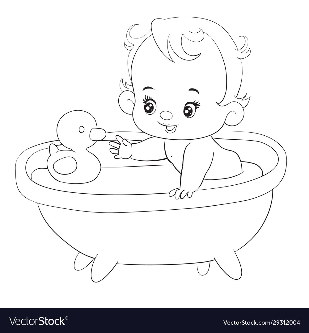 Little baby bathes in a bathtub with rubber duck Vector Image