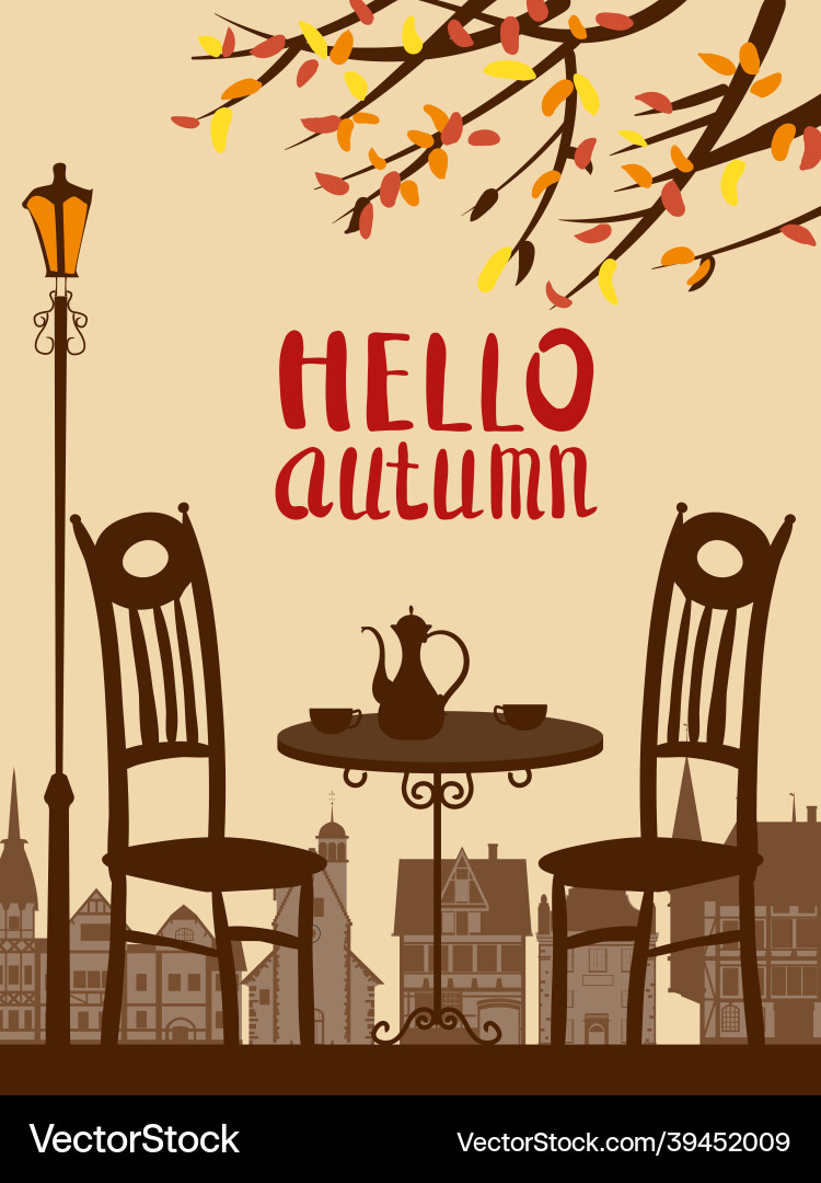 Hello autumn landscape city cafe table Royalty Free Vector