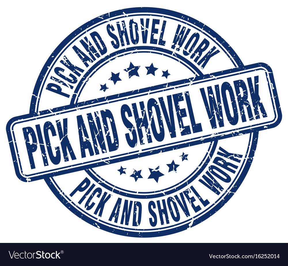 Pick and shovel work blue grunge stamp Royalty Free Vector