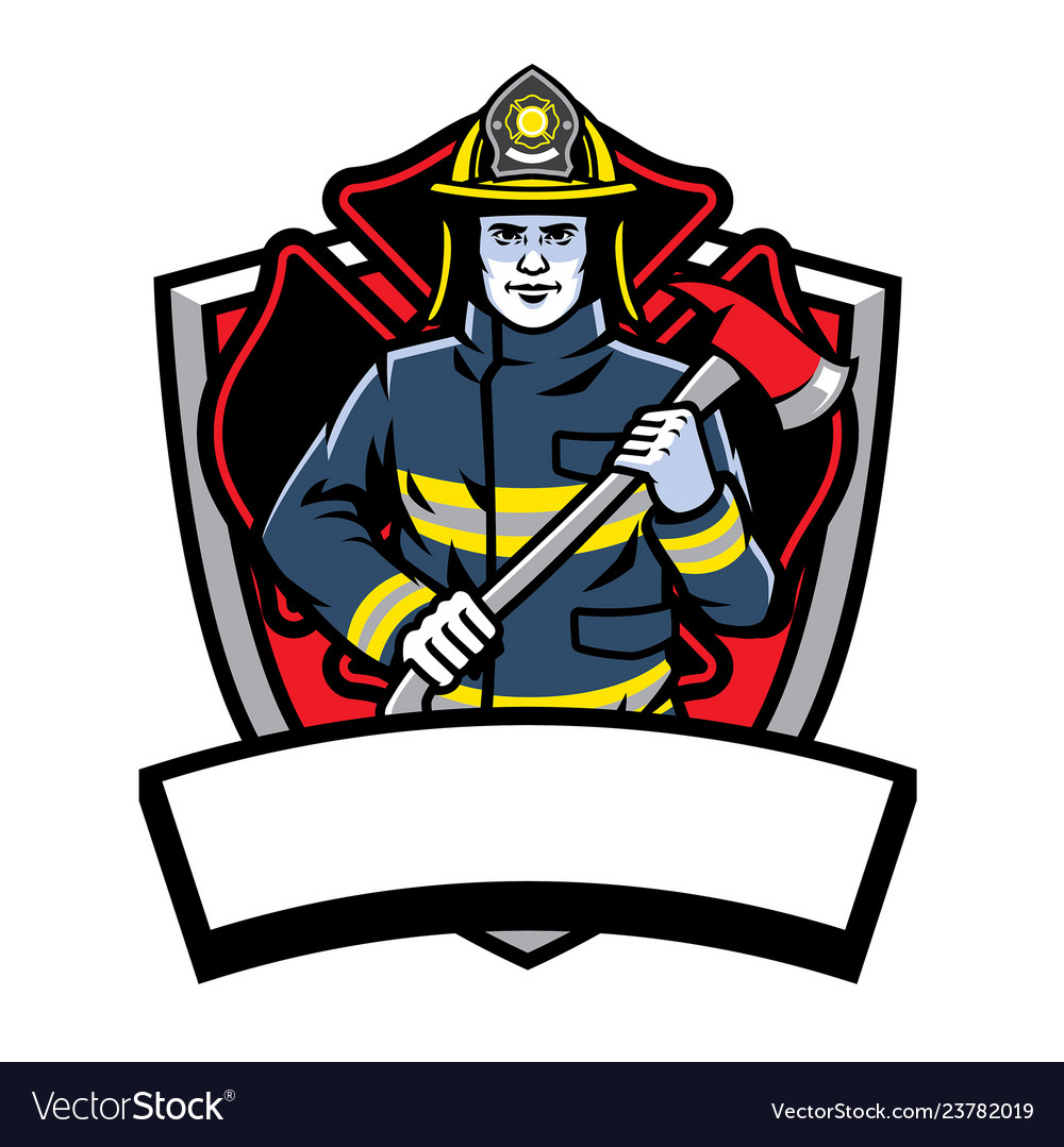 Firefighter posing hold axe badge Royalty Free Vector Image