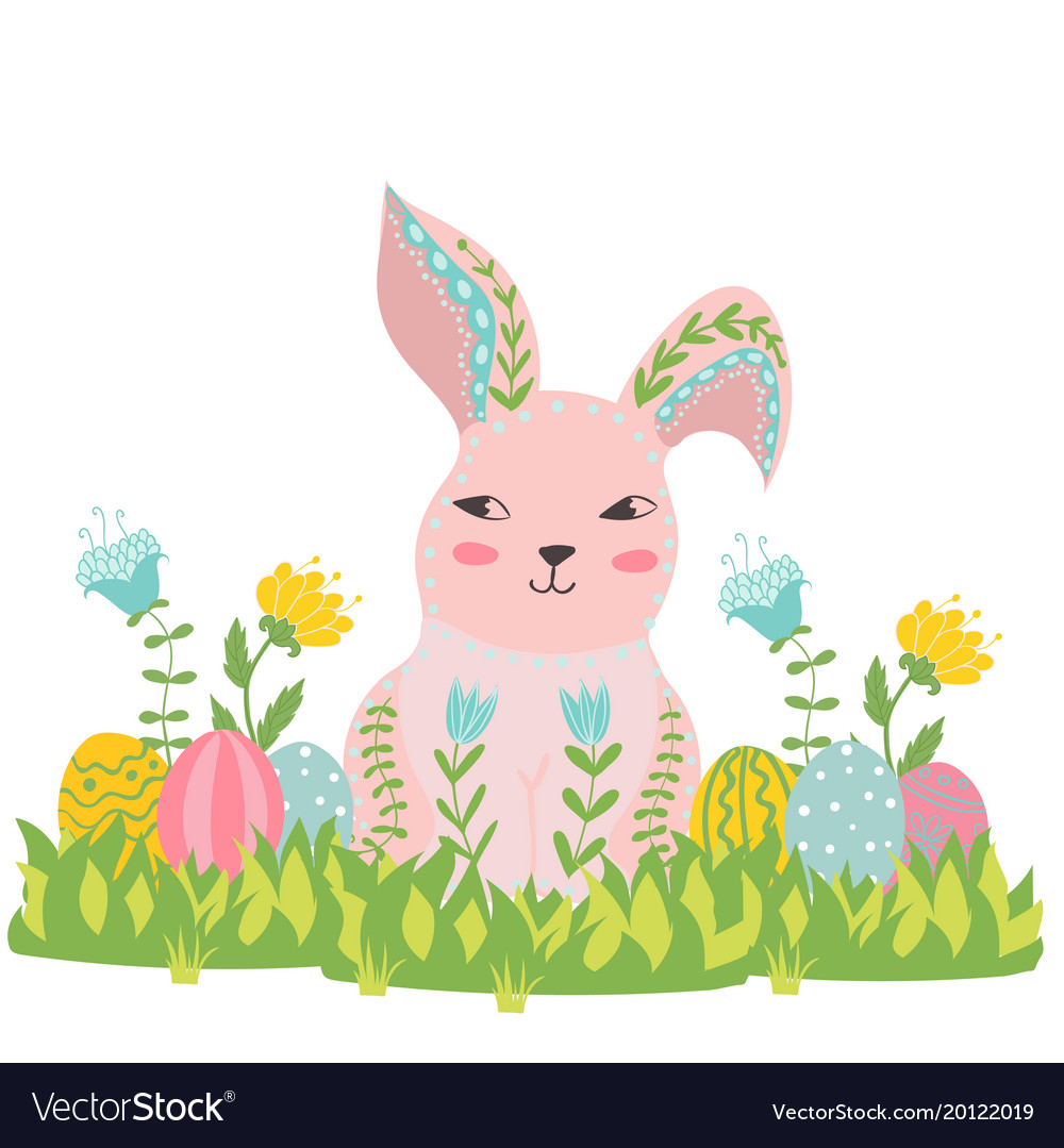 Happy easter bunny flowers and eggs in grass Vector Image