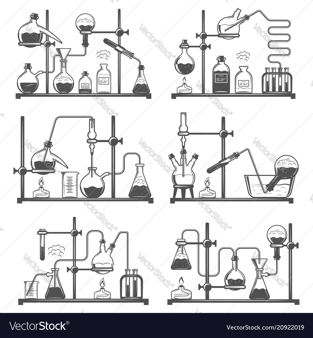 Set of monochrome laboratory research elements Vector Image