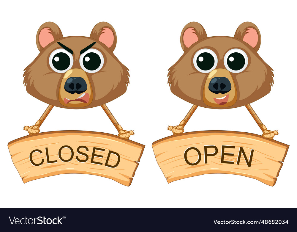 Closed and open sign banner with bear face Vector Image