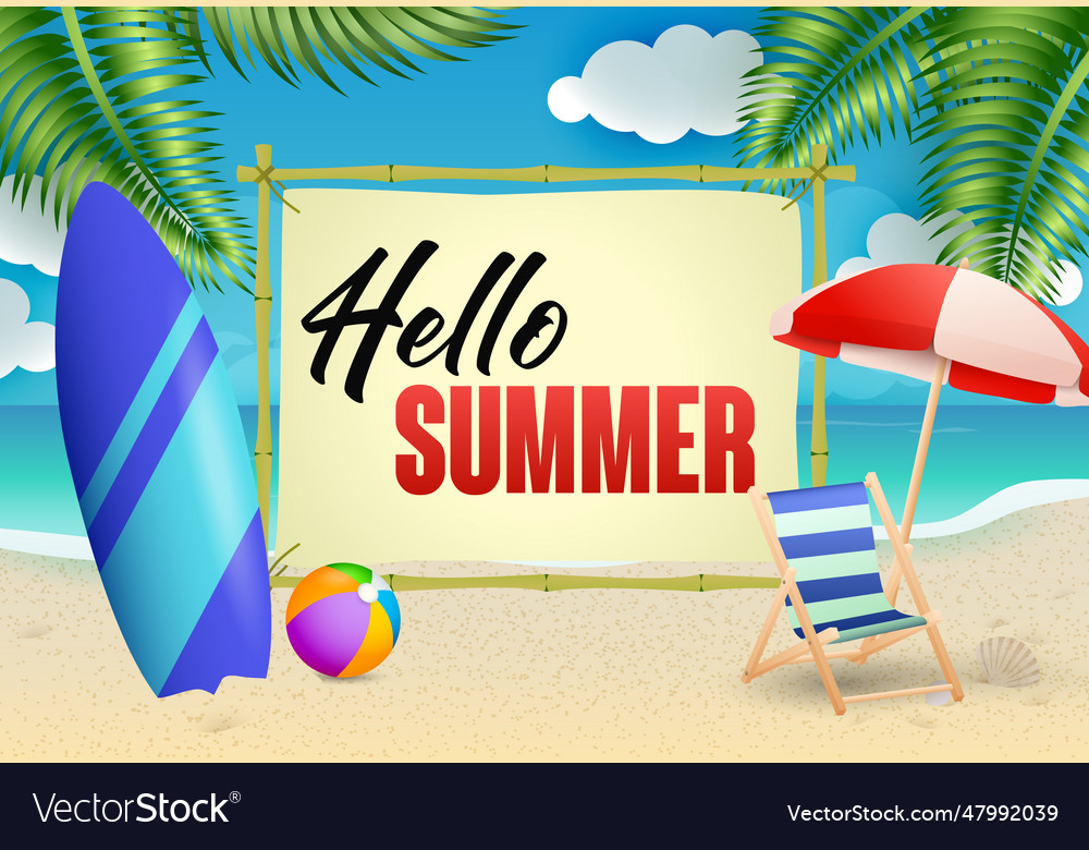 Hello summer lettering chaise longue umbrella Vector Image