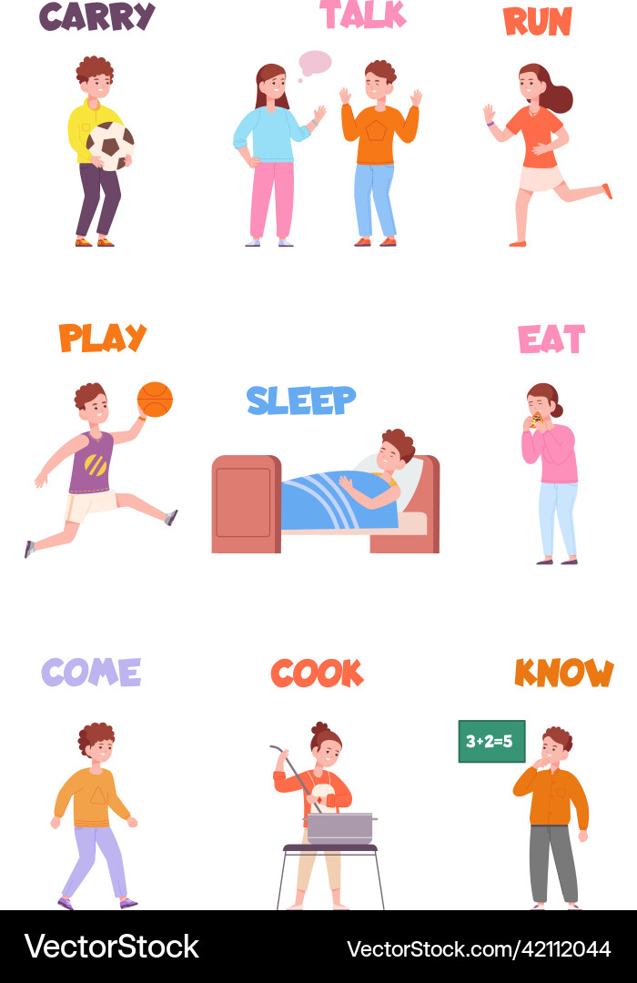 Children action verb child character learning Vector Image