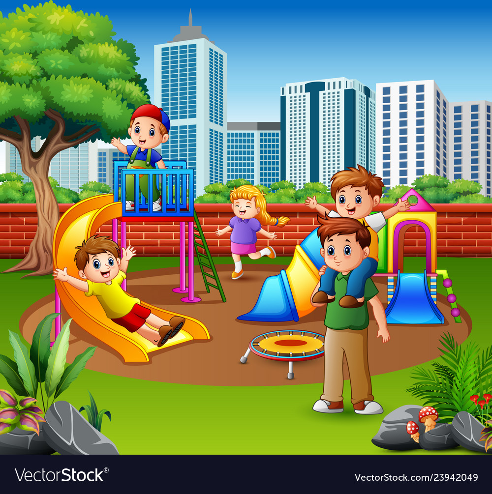 Happy family and children in playground Royalty Free Vector