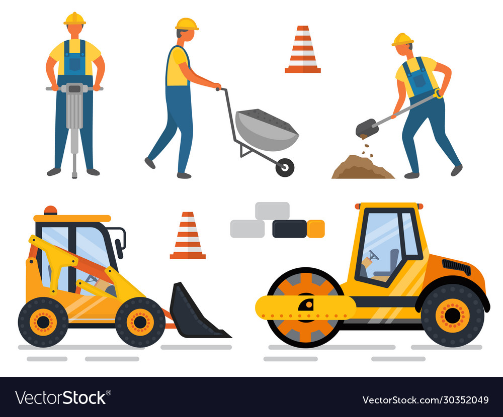 Worker with drill carriage bulldozer construction Vector Image