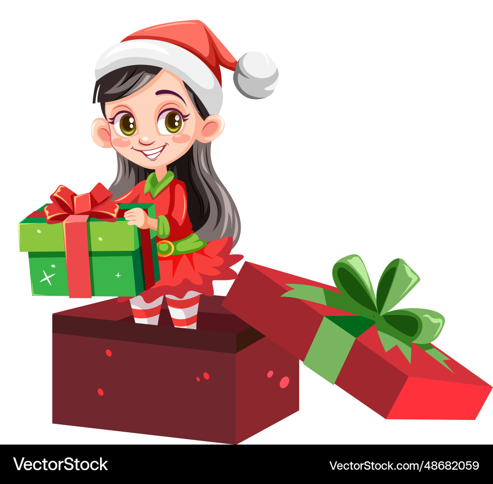 Female elf holding gift in gift box Royalty Free Vector